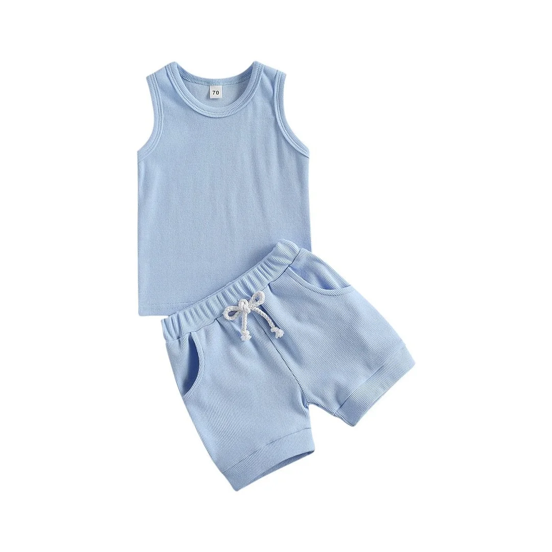 2021 Baby Summer Clothing Newborn Baby 2-piece Outfit Set Sleeveless Solid Color Tops+Shorts Set for Kids Boys Girls