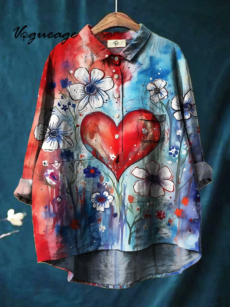 Colorful Mixed Heart Flowers Printed Cotton And Linen Shirt