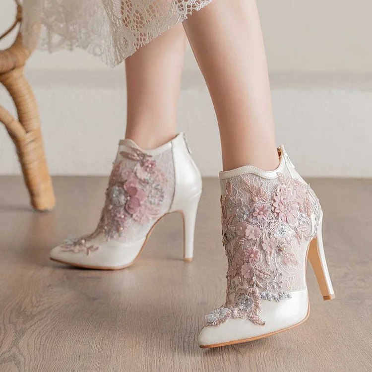 White Tulle Floral Embroidery Pearl Lace Stiletto Heel Wedding Shoes |FSJ Shoes