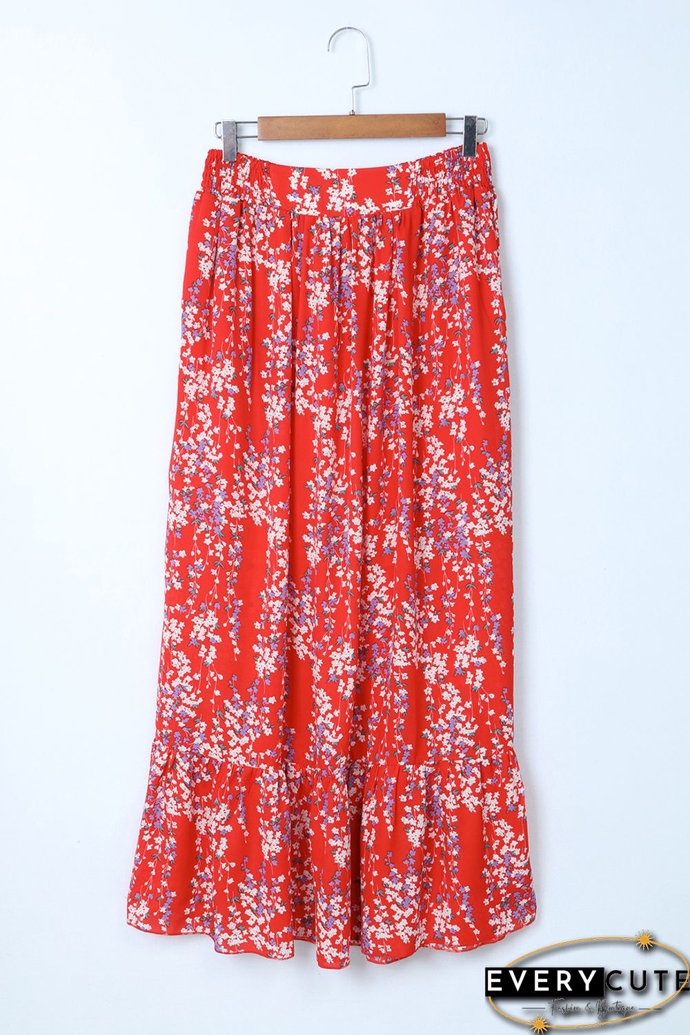 Red Multicolor Floral Ruffled Crop Top and Maxi Skirt Set