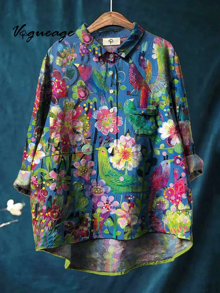 Brightly Colored Peacock Flowers Bird Print Cotton And Linen Shirt