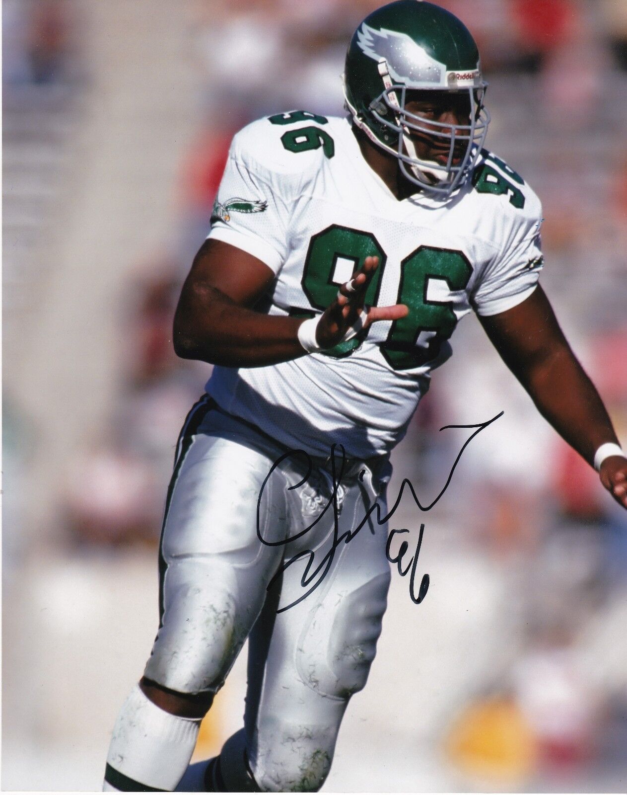 CLYDE SIMMONS PHILADELPHIA EAGLES ACTION SIGNED 8x10