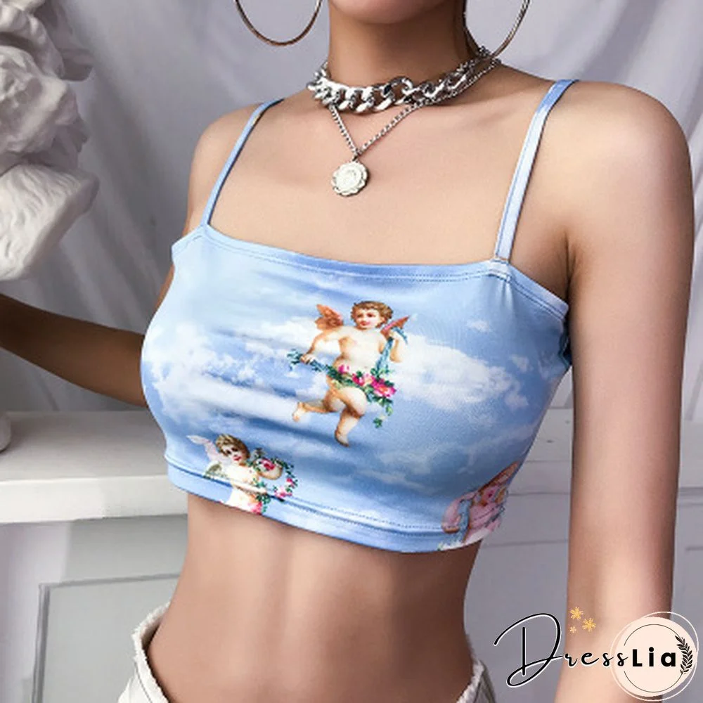 New Fashion Women Camisole Sling Top Vest Sleeveless Cold Shoulder The Angel Of Cupid Print Short Camis Female Summer Top