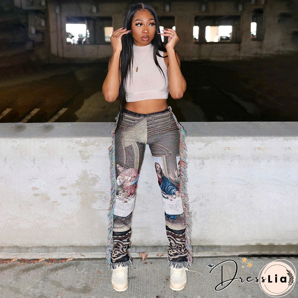 Side Tassels Patchwork Elastic Waist Women Print Jogger Pant