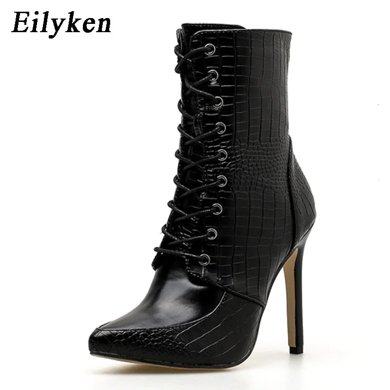 Eilyken Snakeskin grain Ankle Boots For Women High heels Fashion Pointed toe Ladies Sexy shoes 2022 New Lace-Up Boots Size 35-42