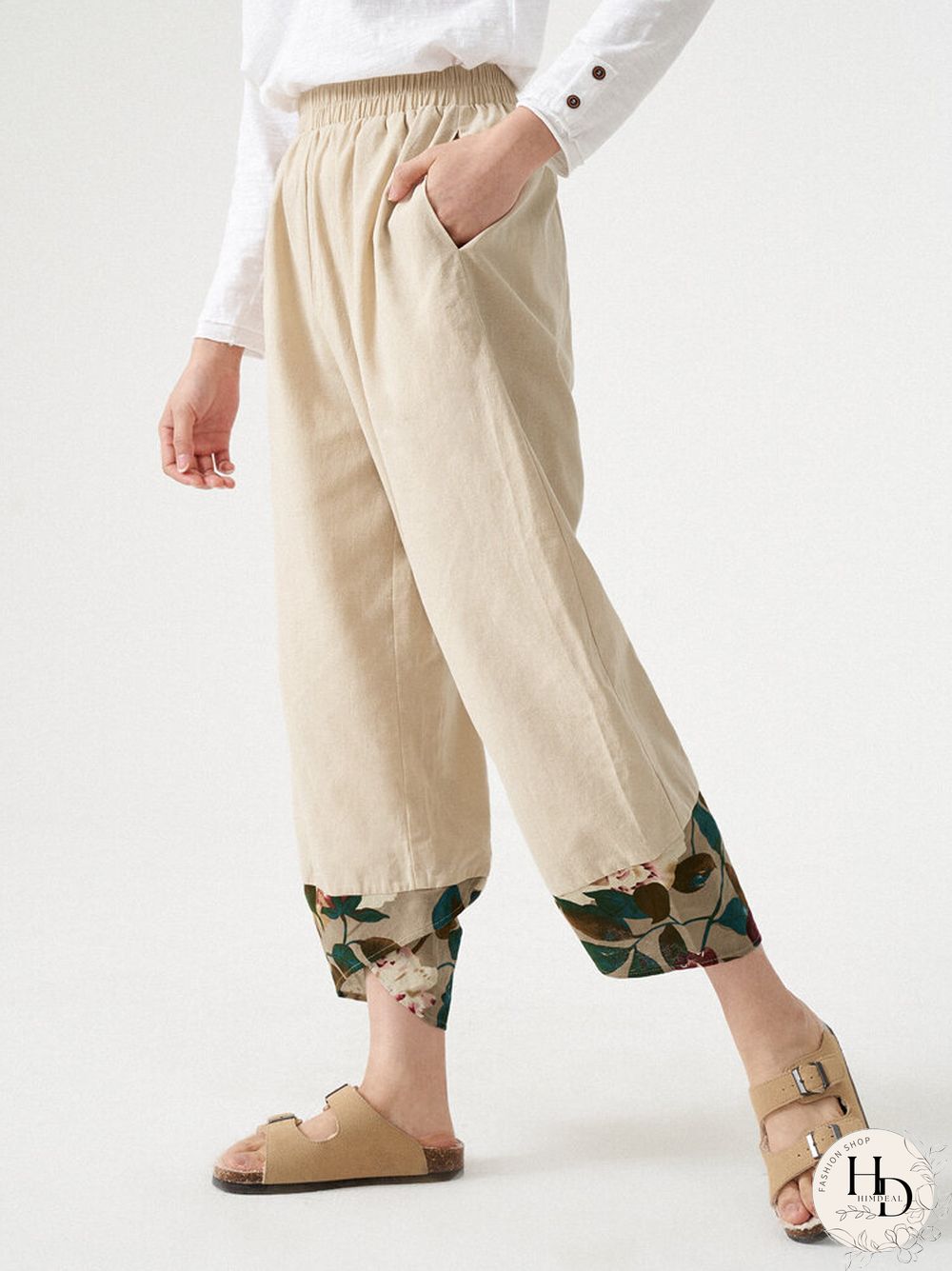 Women Leaves Stitch Elastic Waist Pocket Crop Pants