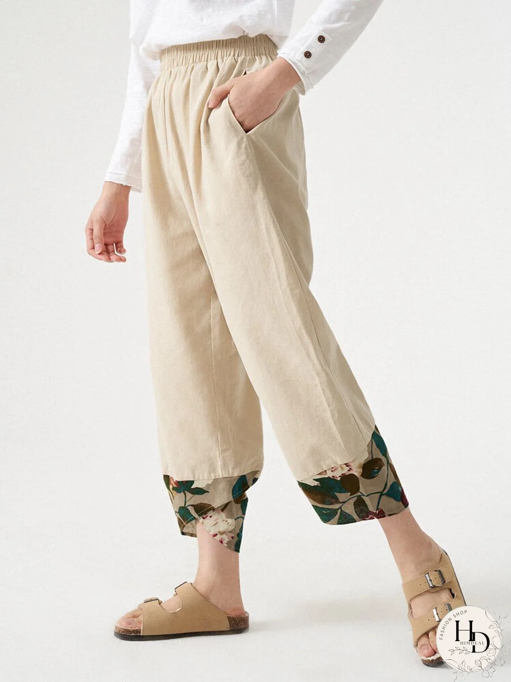 Women Leaves Stitch Elastic Waist Pocket Crop Pants