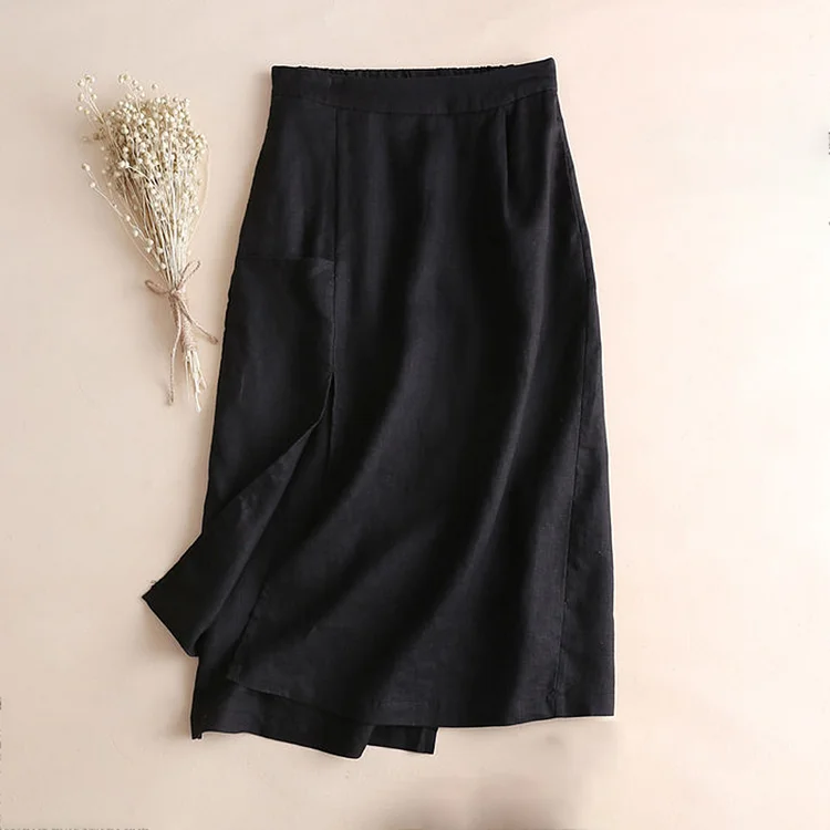 Wearshes Casual Cotton Linen Loose Pocket Skirt