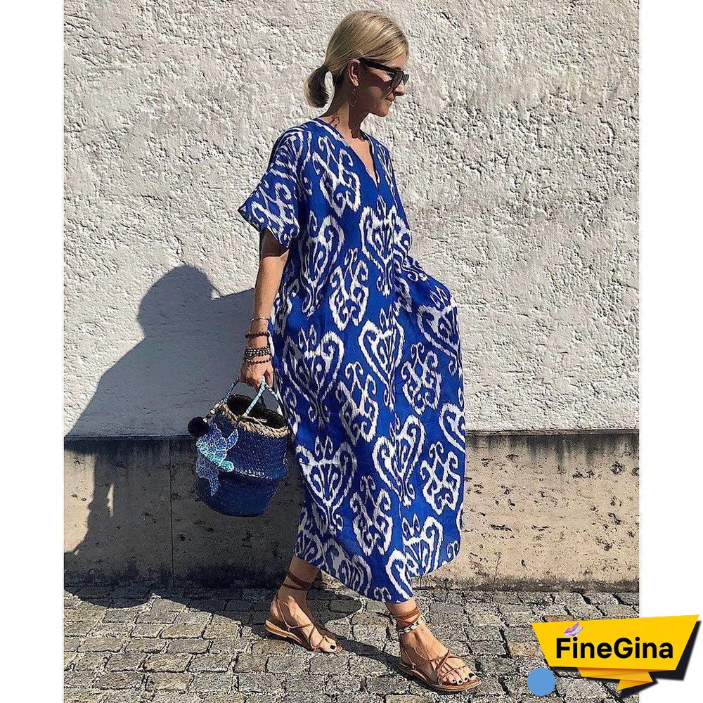 Vintage Blue Print Short Sleeve Maxi Dress