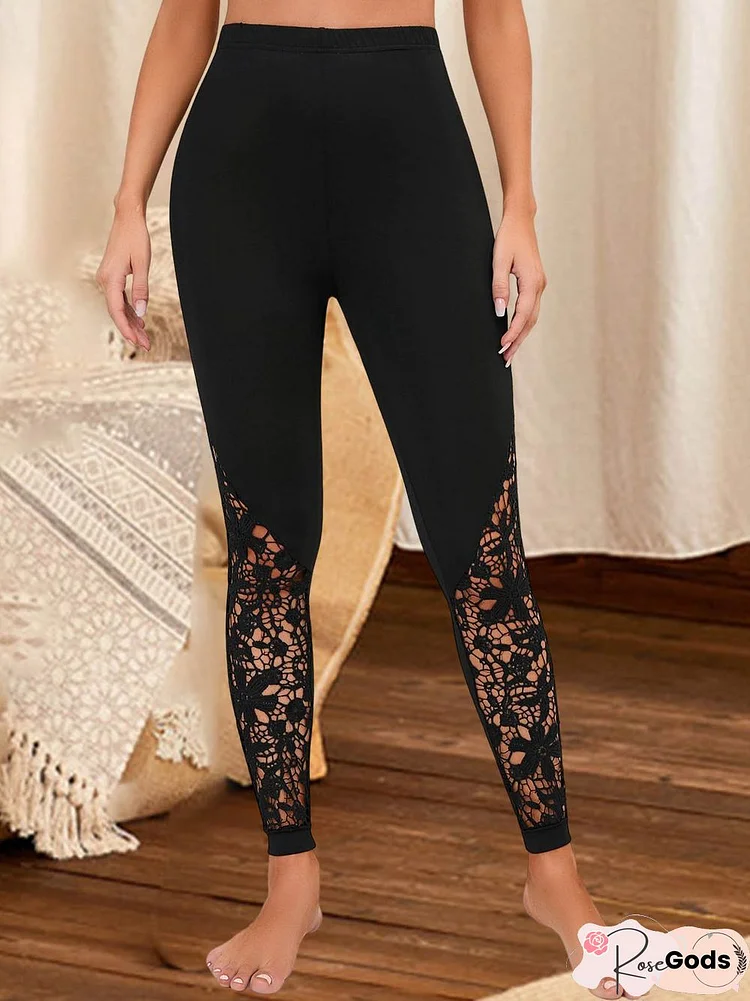 Casual Plain Autumn Polyester High Elasticity Lace Long Legging Regular Leggings For Women