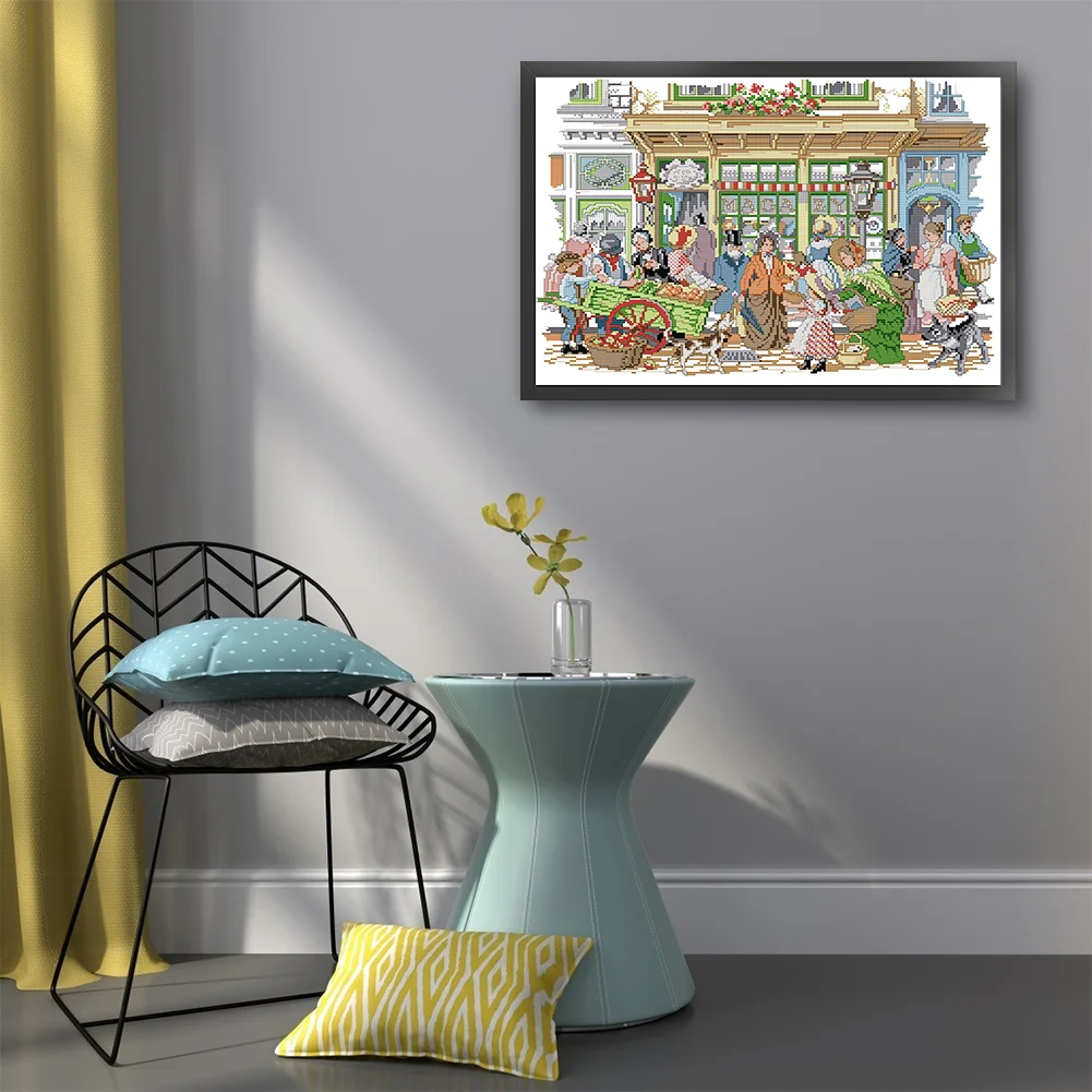 DIY Stamped Cross Stitch 14CT Partial Embroidery 48*36cm - Bustling Street Market