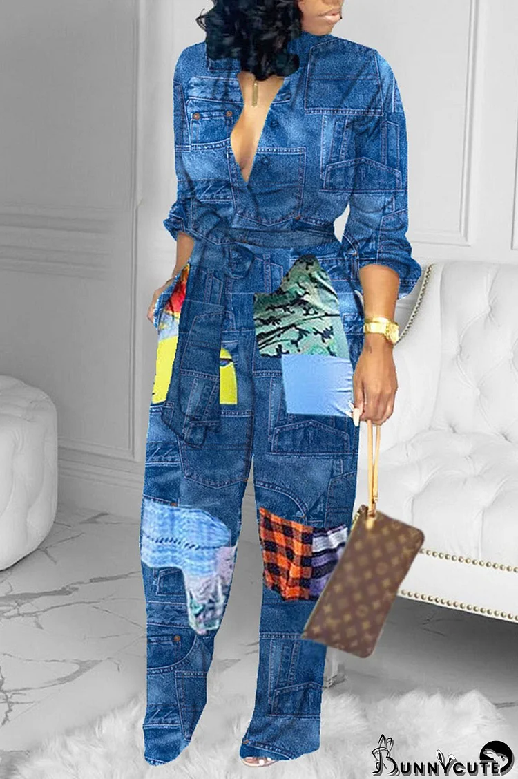 Blue Casual Street Print Patchwork Pocket Buckle With Belt Mandarin Collar Straight Jumpsuits