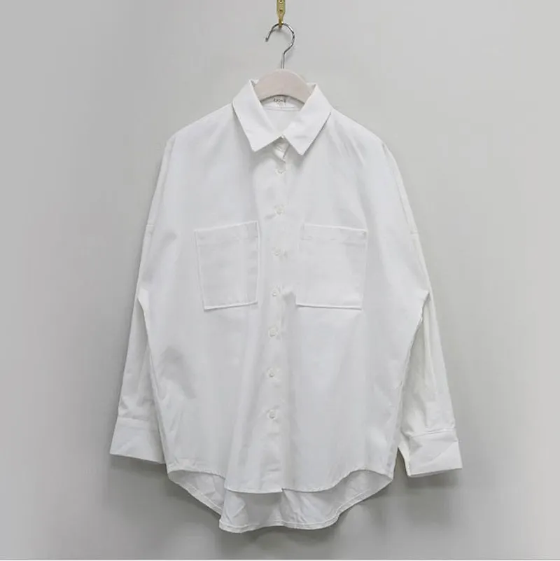 New Spring Double Pockets Turn-Down Collar Cotton Womens Blouse Casual Loose Female Tops