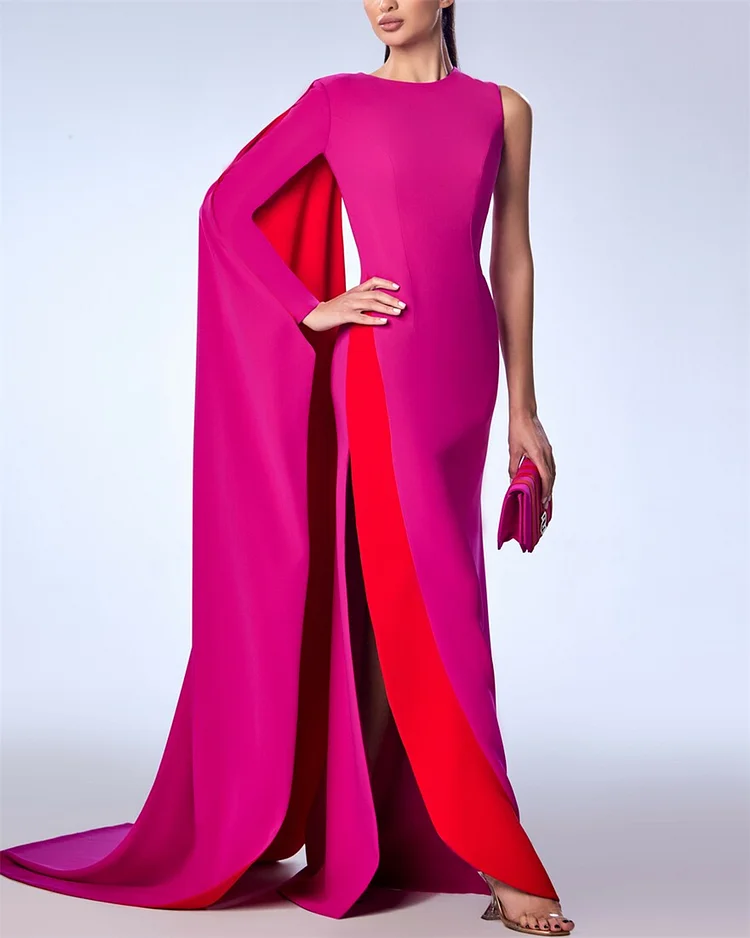 Women's One Shoulder Sleeve Stitching Color Slit Dress - 01