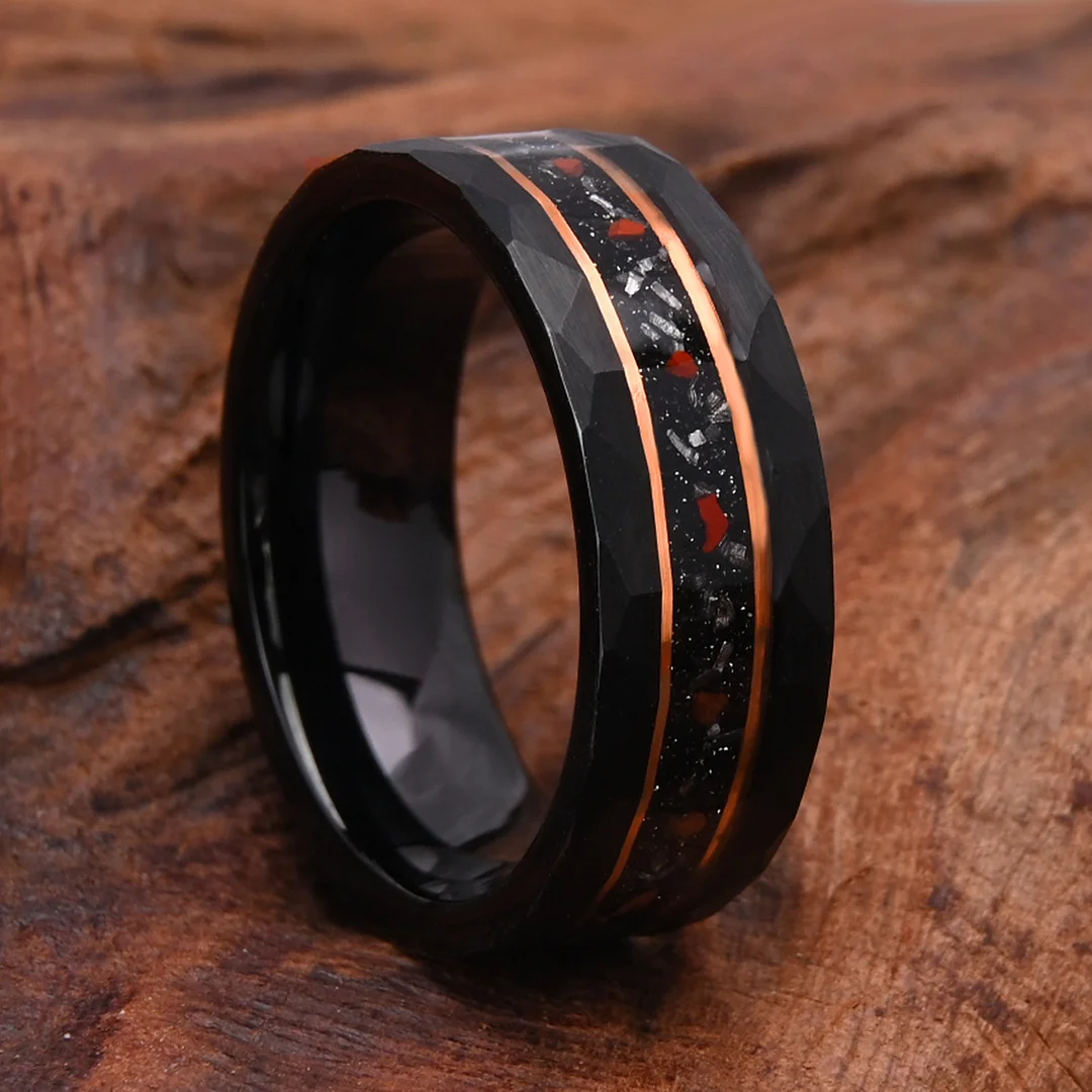 6MM 8MM Dinosaur Fossil Inlay Tungsten Carbide Rings Electroplated Black Tungsten Wedding Bands