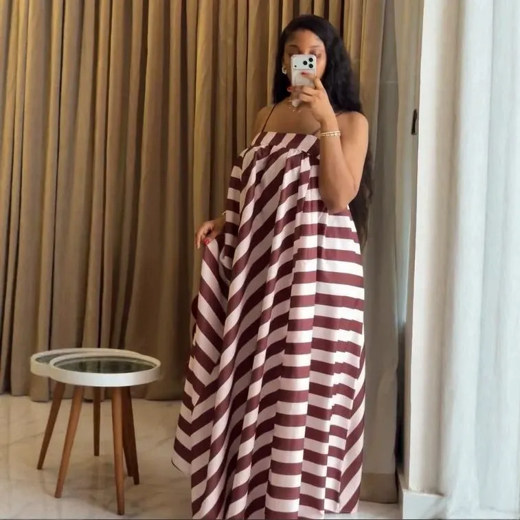 Diagonal Stripe Off Shoulder Spaghetti Strap Maxi Dress Loose Flowy Casual Campus Daily Dress