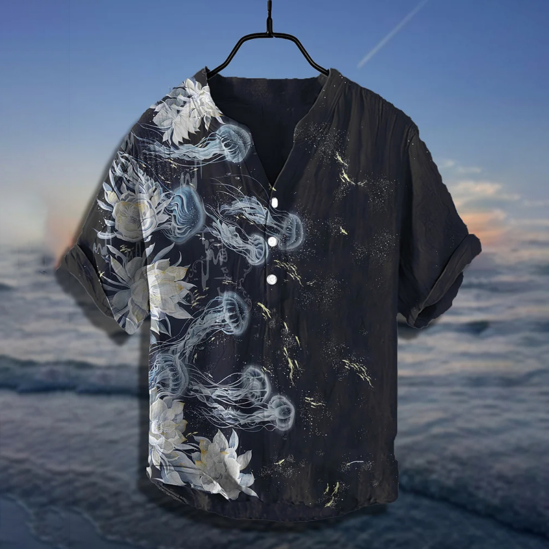 Men's Flower Jellyfish Fish Japanese Art Print Half Button Shirt