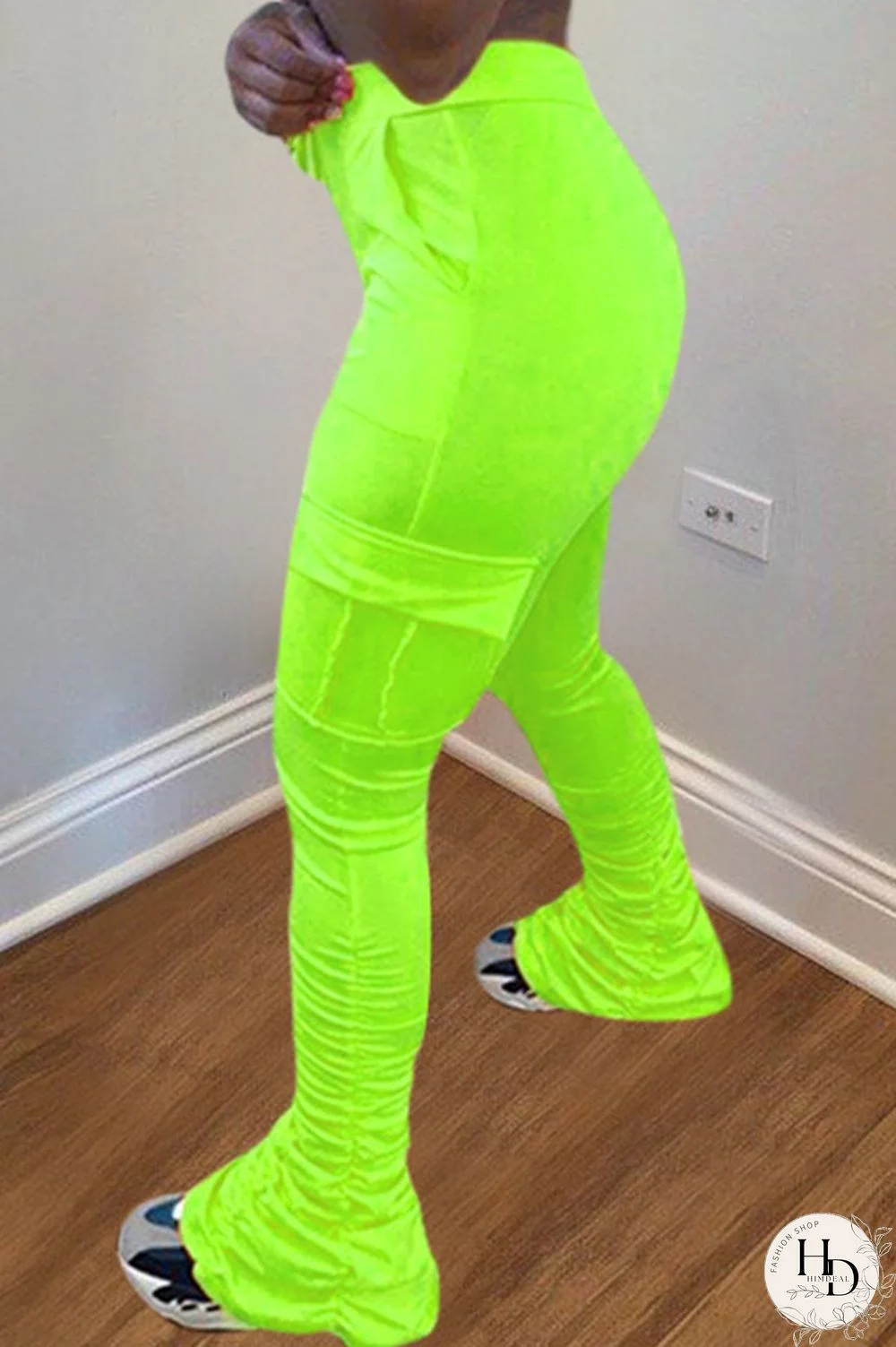 Yellow Drawstring High Solid Pocket Draped Boot Cut Pants Bottoms