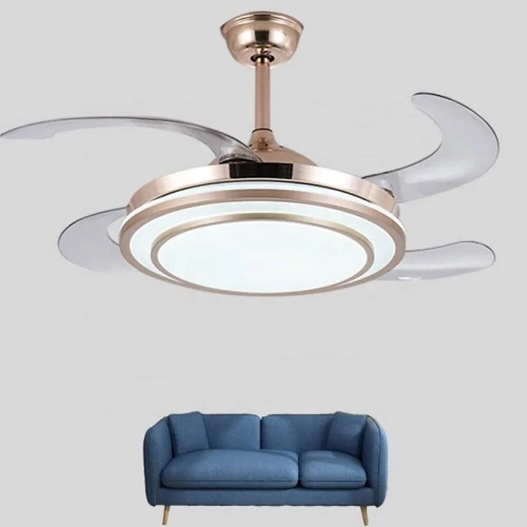 4 Blade Gold Finish Chandelier Retractable Ceiling Fan With LED Light - Appledas