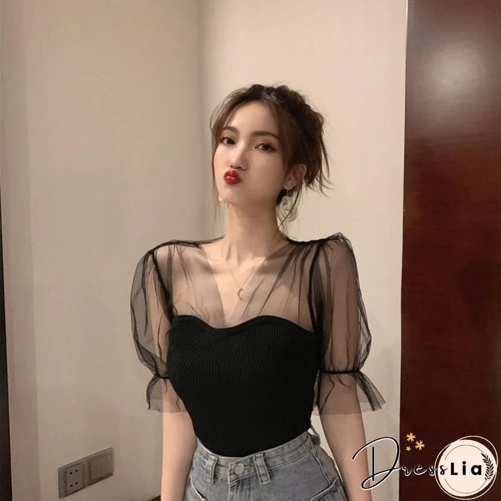 T-Shirts Women Elegant Patchwork Design Summer Sexy Backless All-Match Basic V-Neck