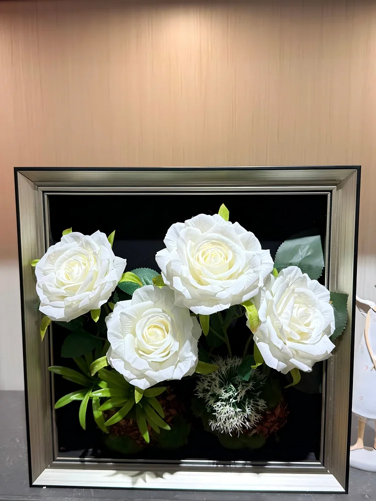  Artificial White Rose Arrangement in Silver Framed Decor Display(Size:12 in*12 in)