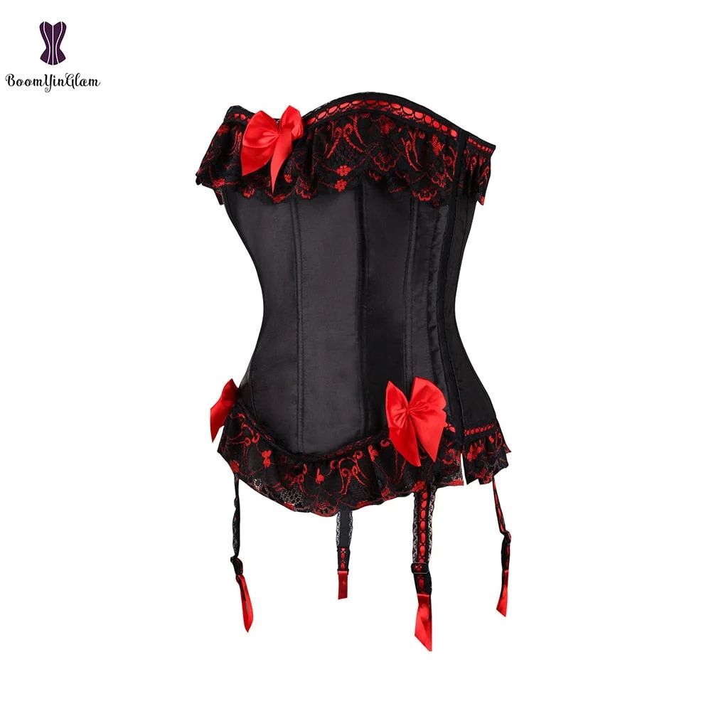 Black Reverse Red Sexy Lingerie Underwear Floral Lace Up Boned Tassel Corset Bustier Suspenders With G String Size S-6XL 8069#