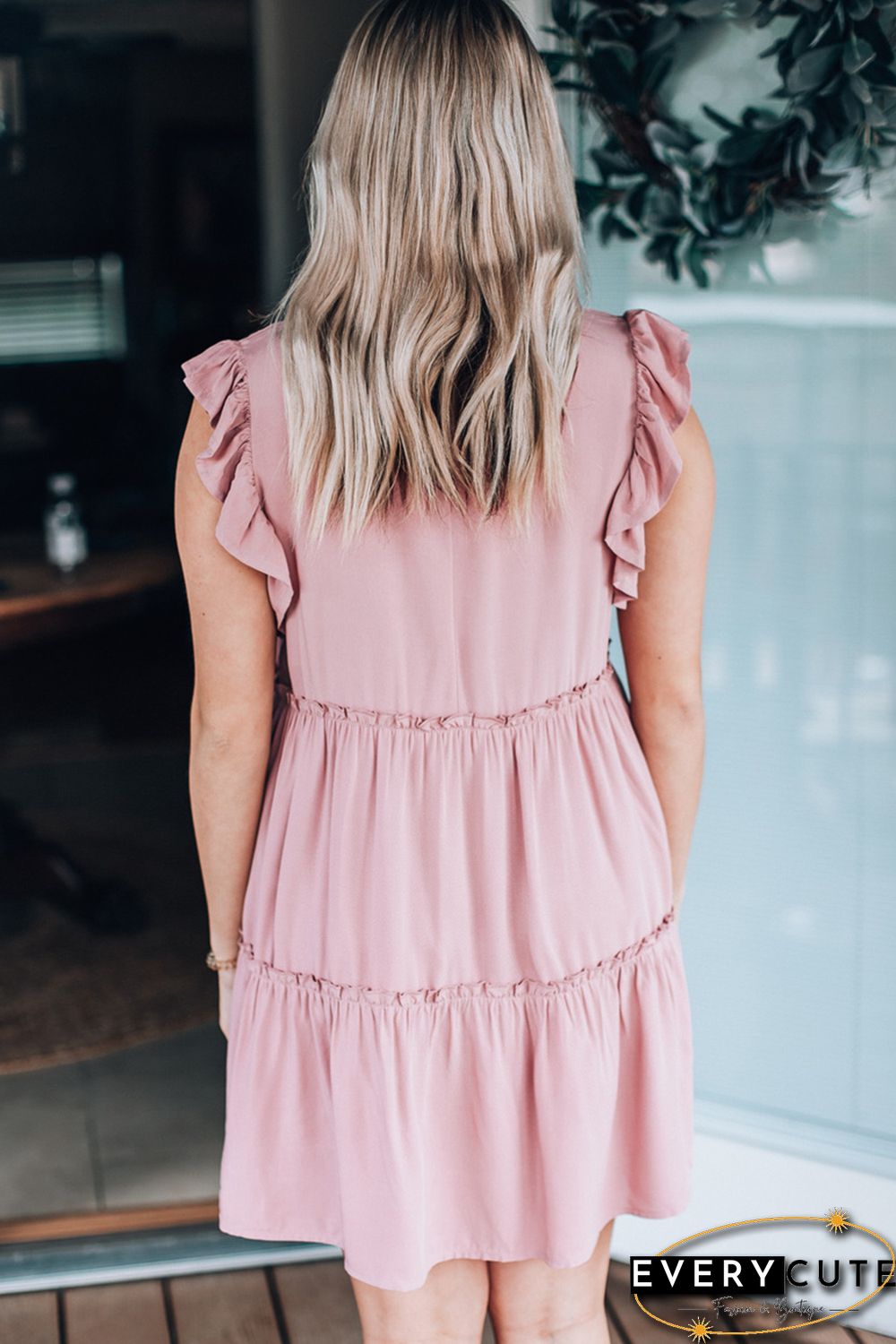 Pink Ruffle Trim Sleeveless A-line Mini Dress