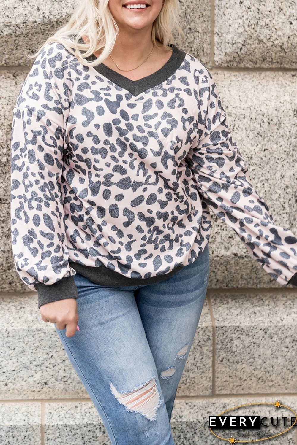 Leopard Print V Neck Loose Plus Size Blouse