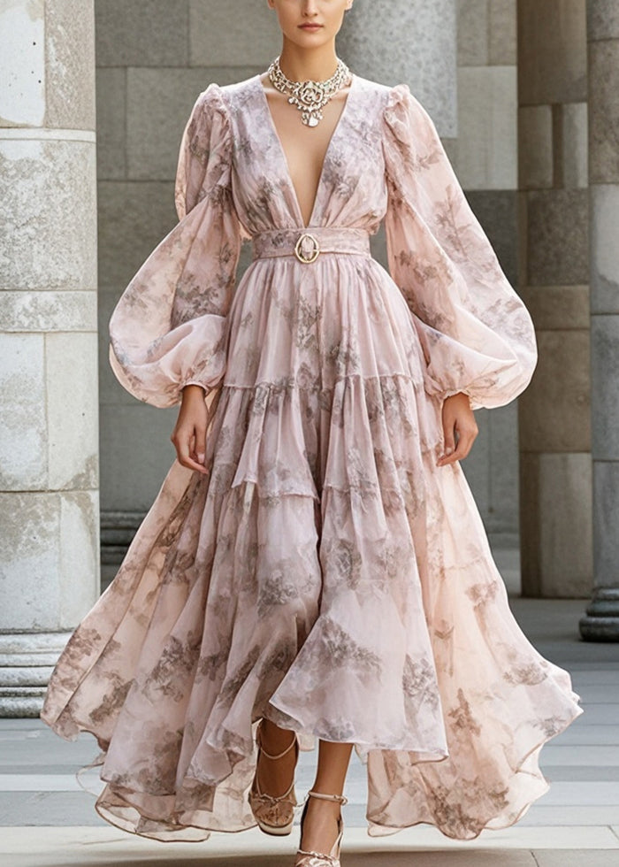 VCSHOES Pink Cinched Exra Large Hem Chiffon Dress Lantern Sleeve
