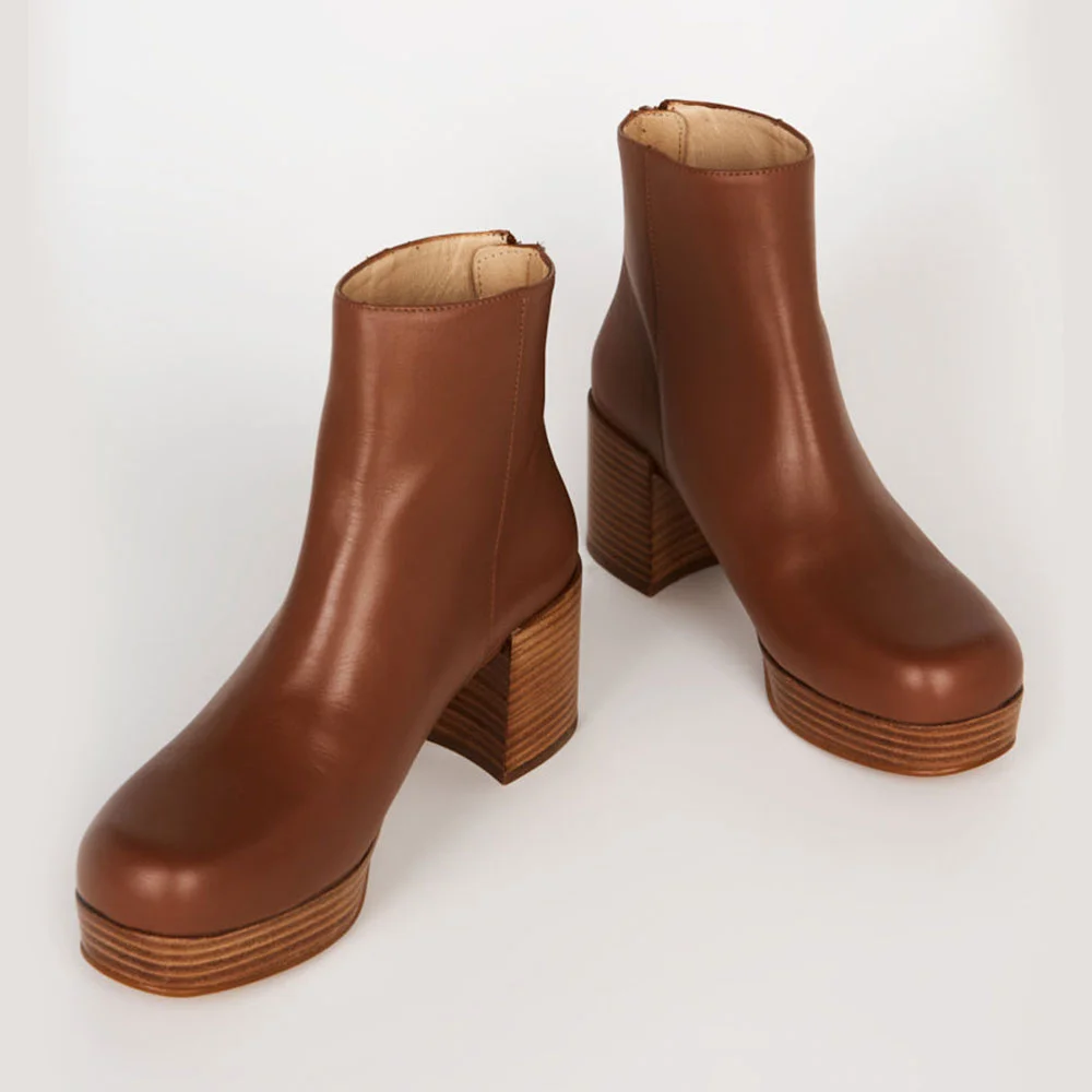 Brown Vegan Leather Round Toe Zipper Platform Heeled Ankle Boots