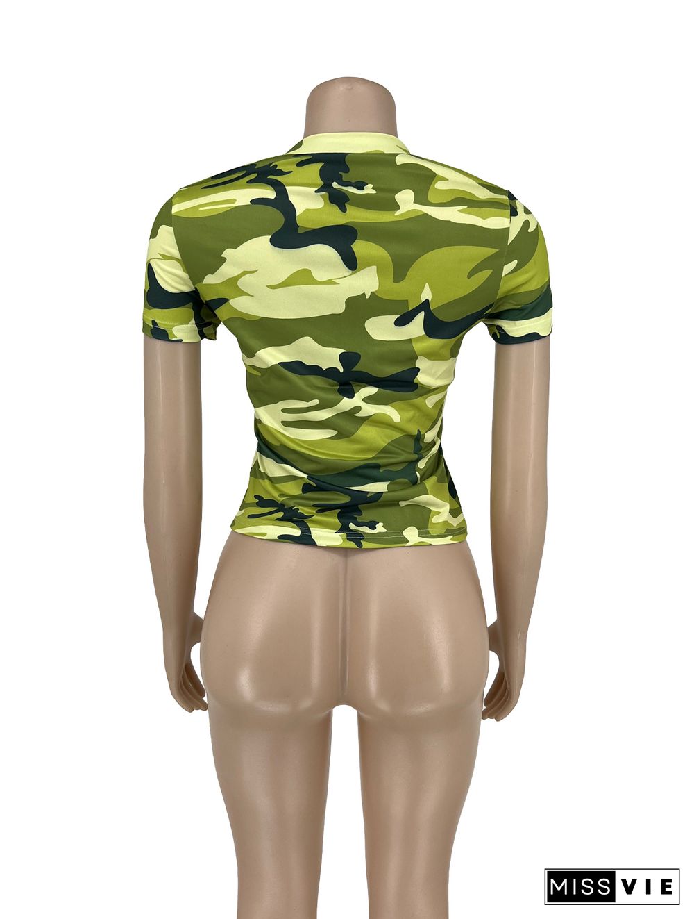 Camo Print Short Sleeve Round Neck T Shirt Tops