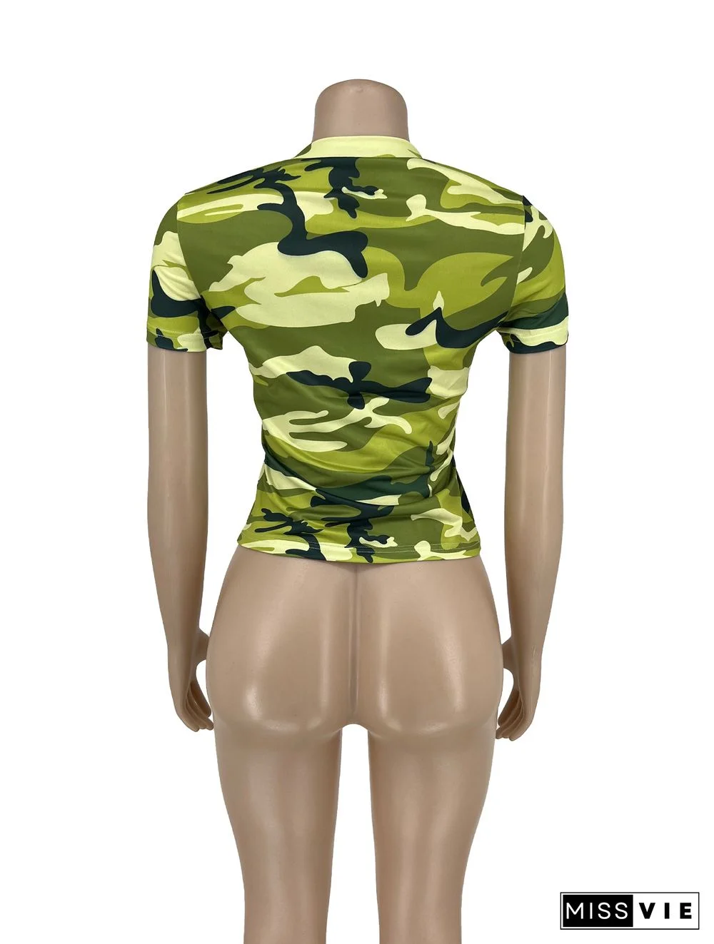 Camo Print Short Sleeve Round Neck T Shirt Tops