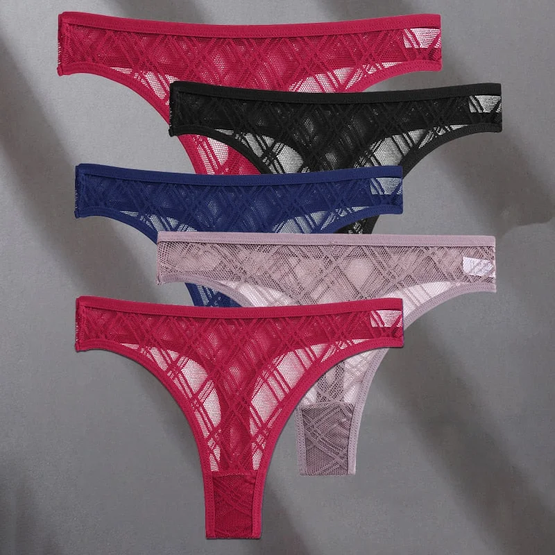 FINETOO 5PCS/Set Lace Sexy Women Thongs Floral Perspective G-string Lingerie Panties Low-Waist Femme Girls Underwear Mesh Pantys