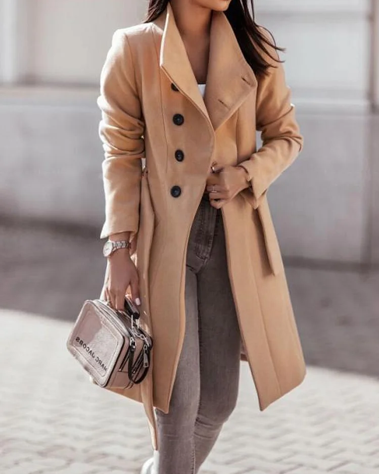 Solid Color Tie Mid-length Woolen Coat