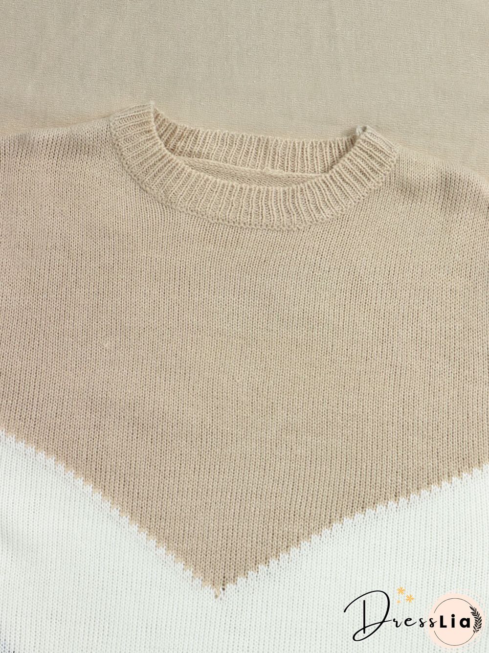 Contrast Color Long Sleeve O-neck Loose Sweater For Women