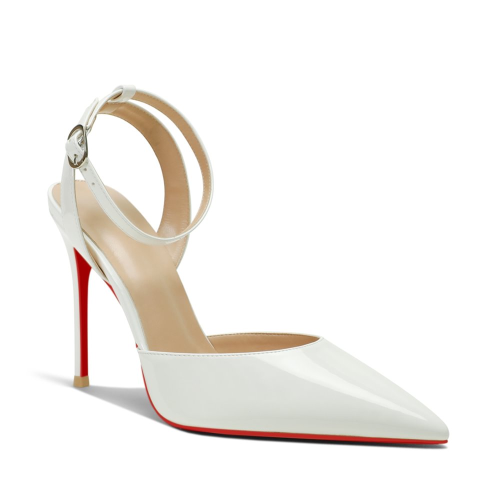 100mm Women's Slingback Ankle Buckle Pointed Toe Red Bottom Wedding High Heels-MERUMOTE