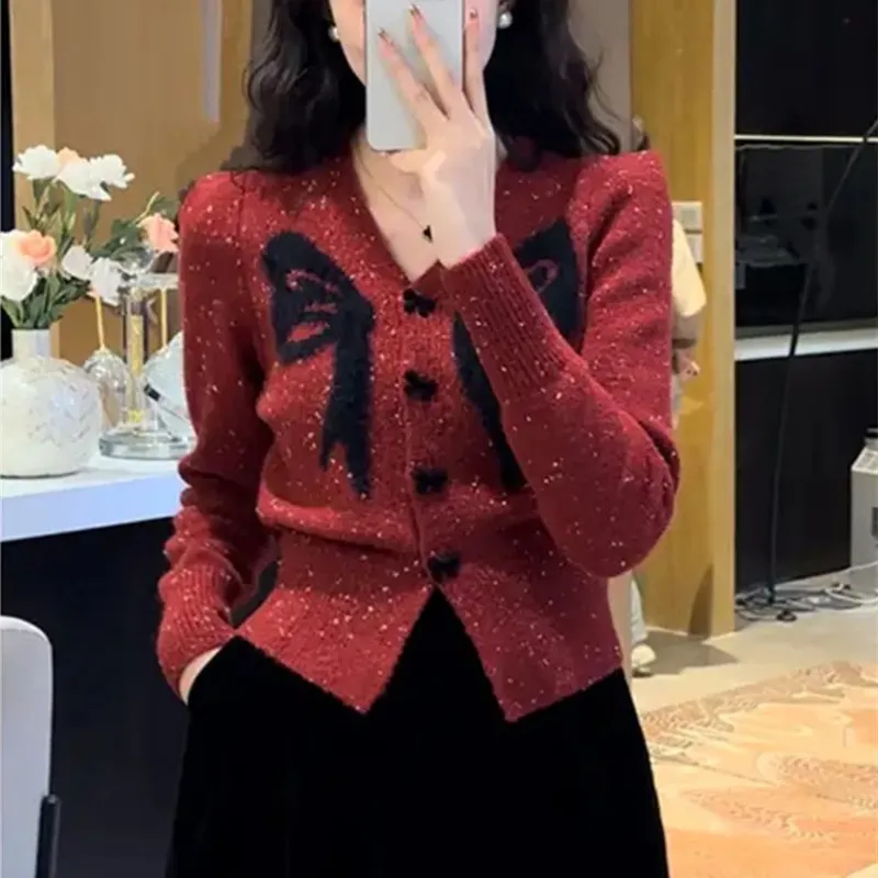 Churchf Churchf Design Sense Embroidered Bow Sweater 2024 Autumn / Winter Sweet Printed Cardigan Show Thin Jacket
