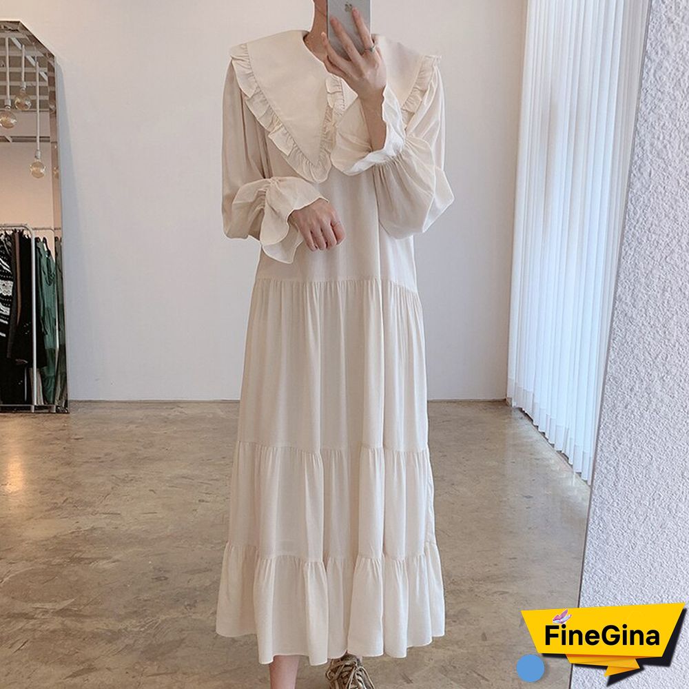 spring new peter pan collar cascading ruffles termperament long dress solid formal seaside robe all-match spring stylish