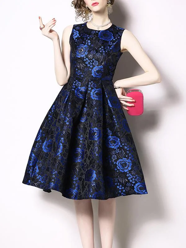 Temperament color big swing sleeveless vest jacquard dress