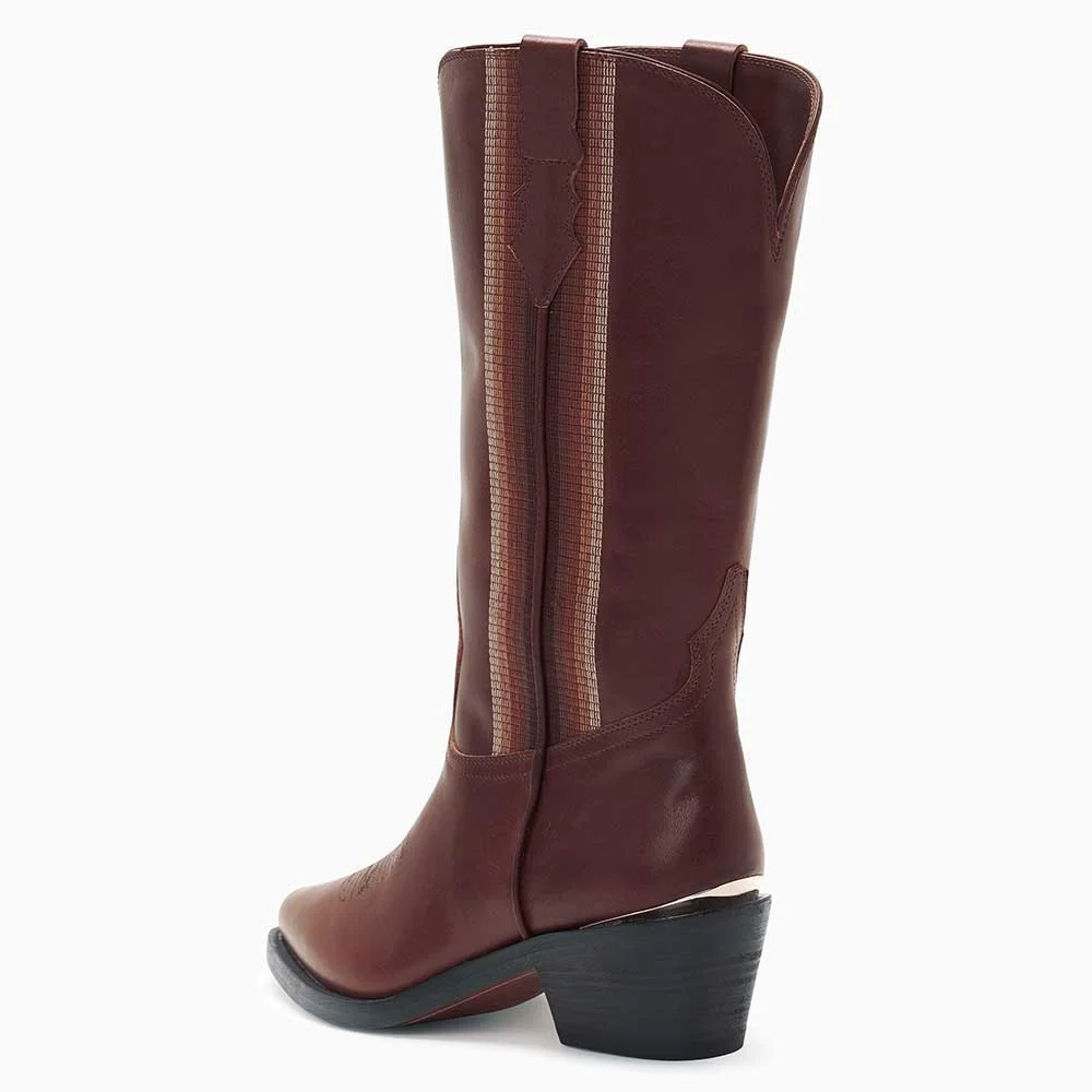 Maroon Pointed Toe Chunky Heel Cowgirl Boots with Ombre Stitching