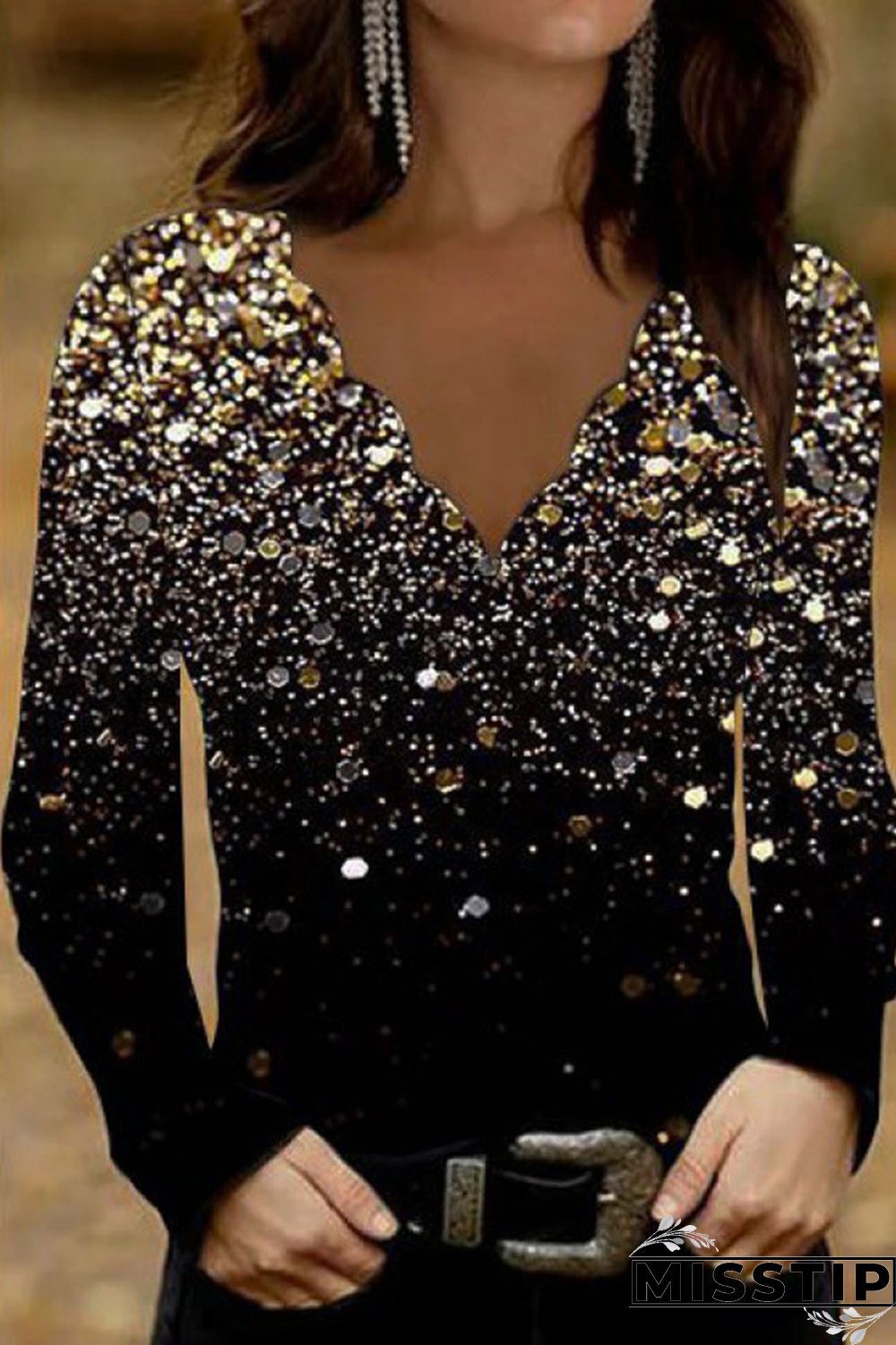 Black White Print Printing V Neck Tops