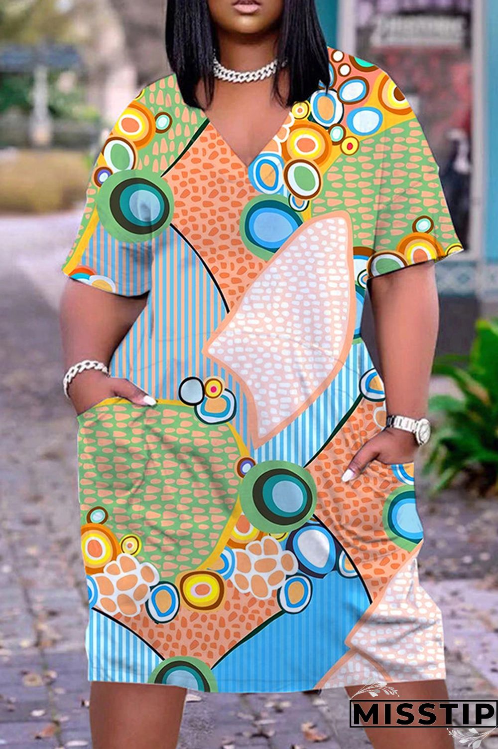 Black Orange Casual Print Basic V Neck Short Sleeve Dress