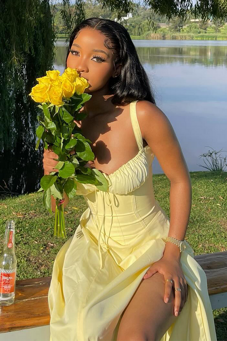 Front Tie Up Ruched Cinch Waist Slip Midi Dresses-Yellow