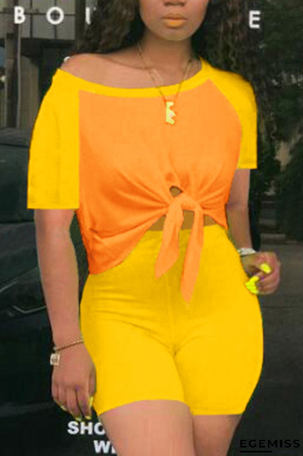 Yellow Fashion Casual Stitching Short Sleeve Top Set | EGEMISS