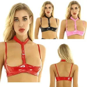 pornhint Pornhint Women's Patent Leather Bra Tops Halter Hollow Out Cupless Lingerie Bralette Tops