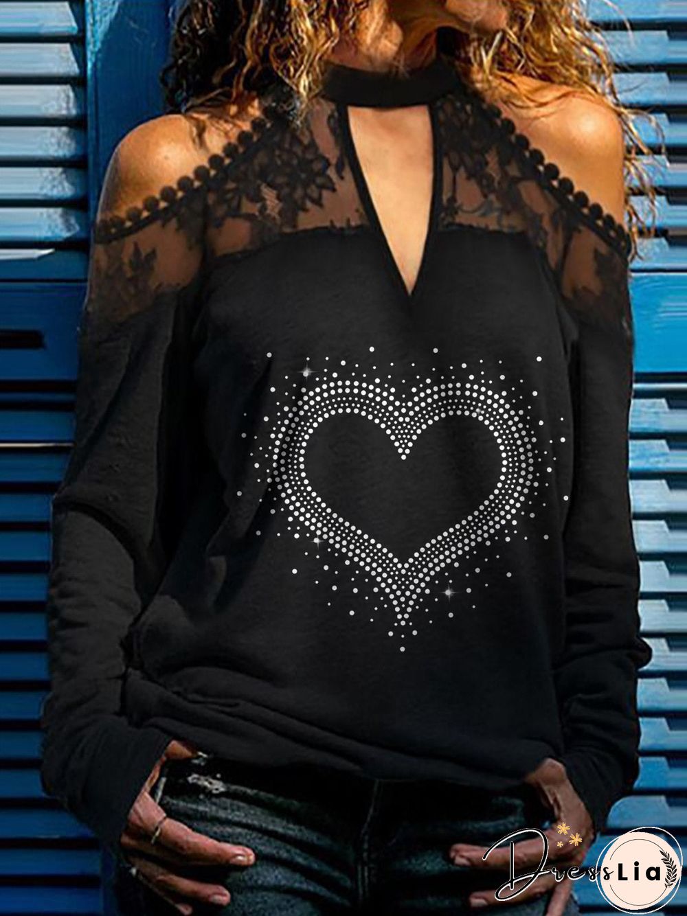 Hollow Shoulder Rhinestone Black Top