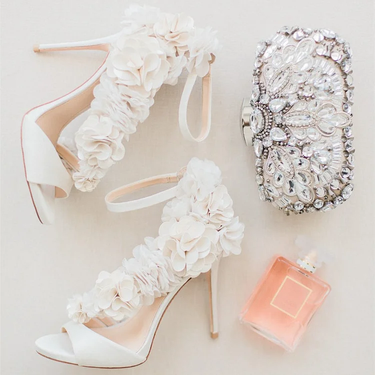 Ivory Satin Flowers Peep Toe Ankle Strap Wedding Shoes Vdcoo