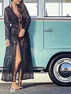 Loose Crochet Lace-Up Long Sleeves Cover-Ups Tops