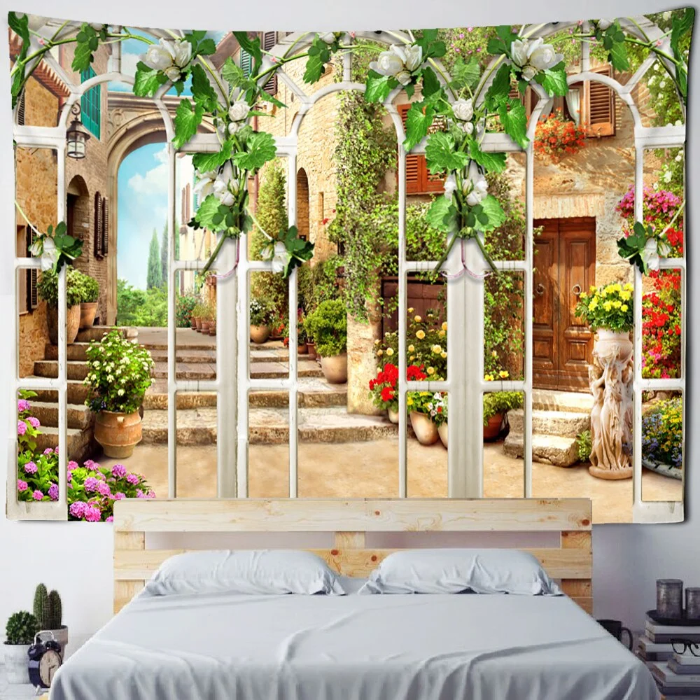 Nigikala Retro Oil Painting Architecture Print Tapestry Hippie Polyester Fabric Home Decor Wall Rug Carpets Hanging