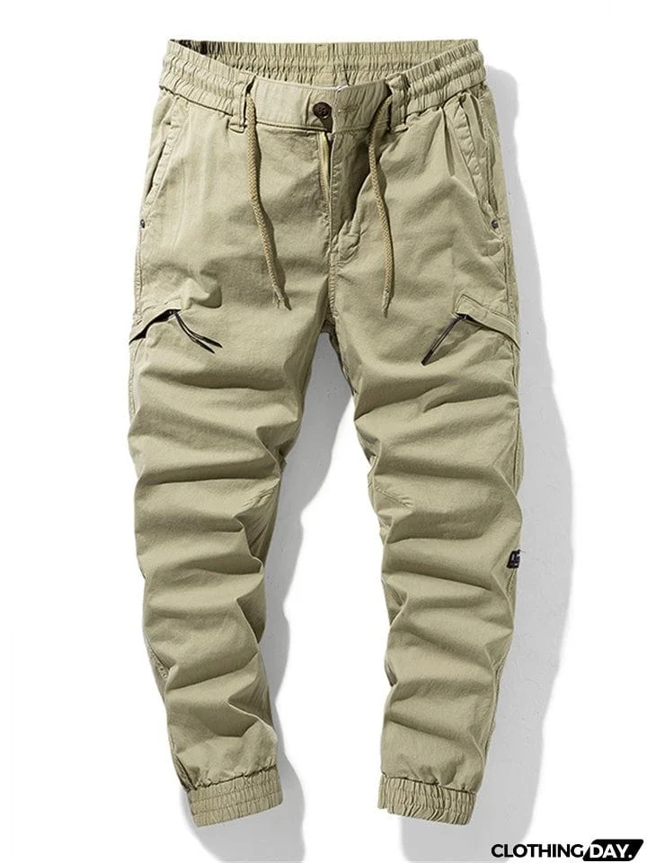 Mens Multi Pockets Comfort Casual Cotton Solid Color Cargo Trousers